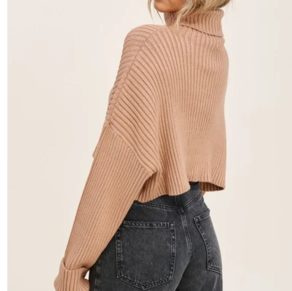 Cozy Cropped Turtleneck Sweater - Taupe - Picture 5 of 8
